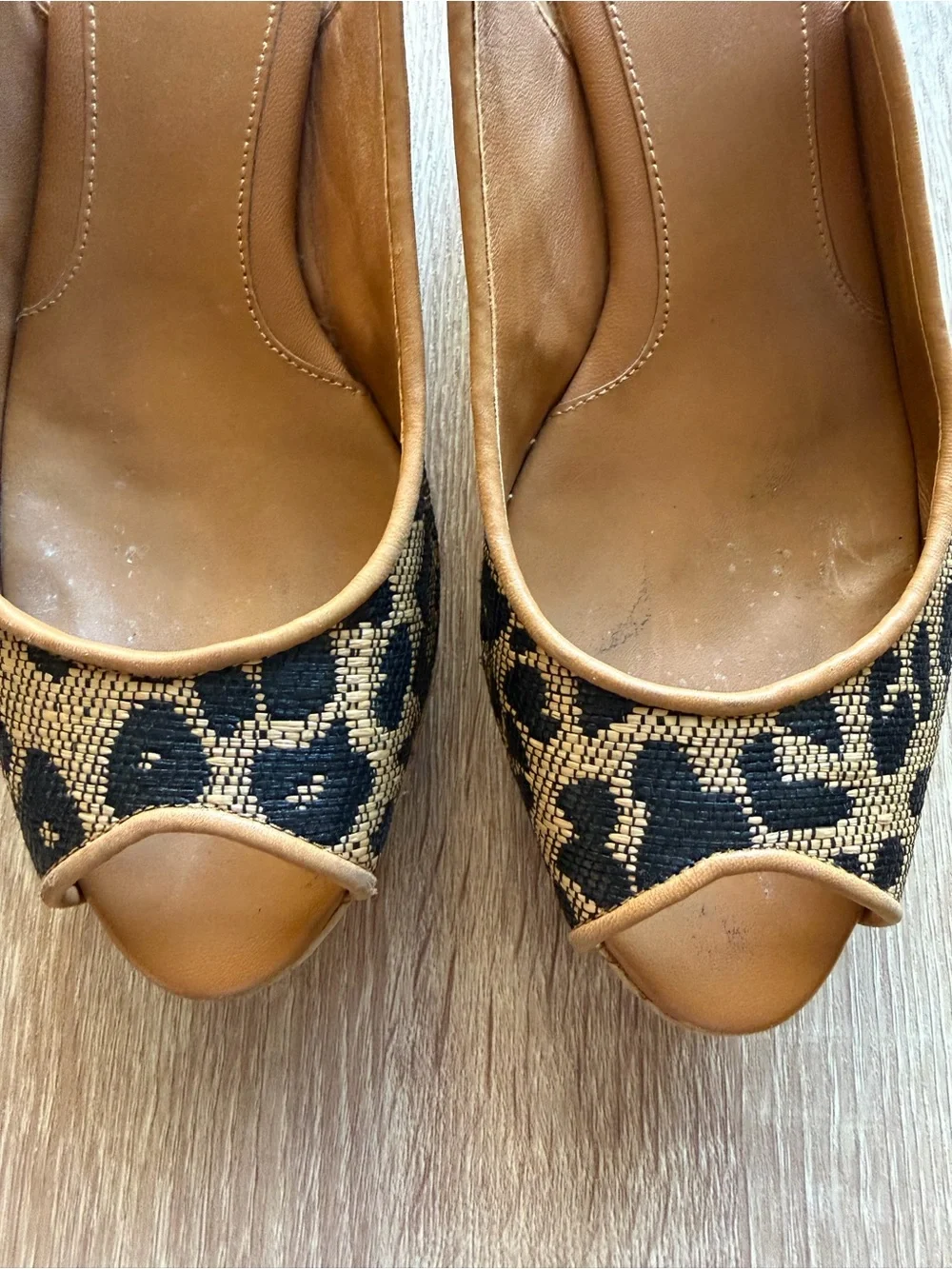 Tory Burch Tan & Black Leopard Wedge Cork Wedge Platform Sling-backs Sz 8